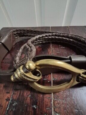 Braided Brown Leather Belt  Strap with Brass Hooks